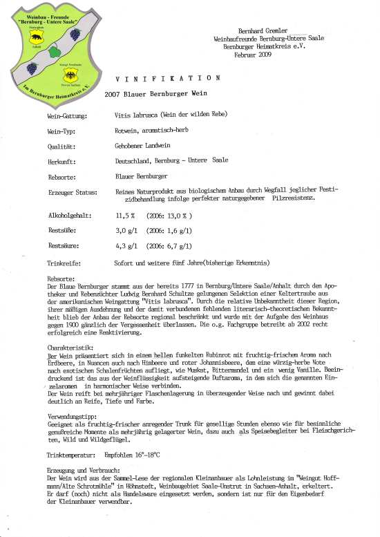 Vinifikation Blauer Bernburger Wein